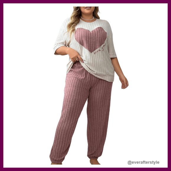 Ribbed Pajama Set Soft Lounge Wear Half Sleeve Top Jogger Pants
